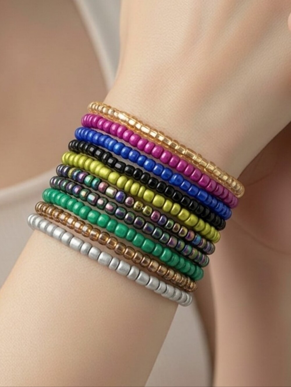 Mixed Metallic Seed Bead Bracelet Set 10 Pack Stretch Stacking Boho Jewelry Set